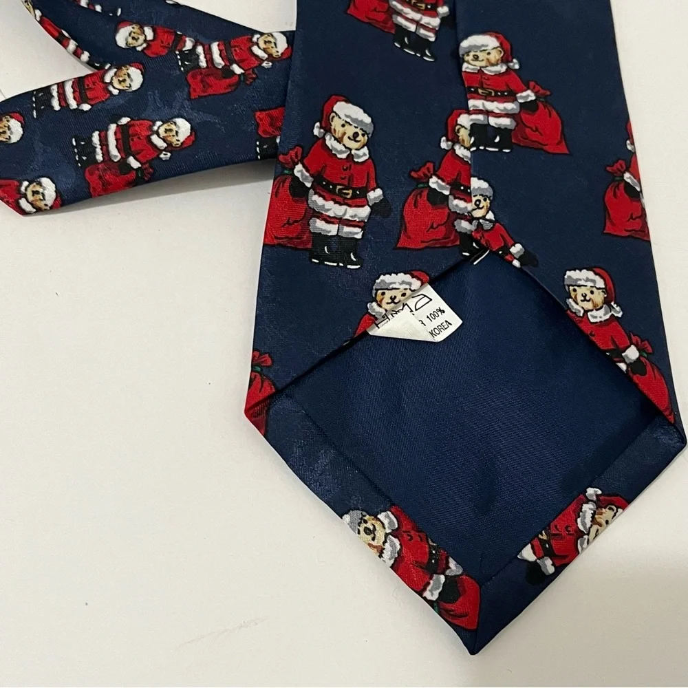Sette & Bello Navy Blue Red Teddy Bear Santa Polyester Mens Neck Tie Christmas